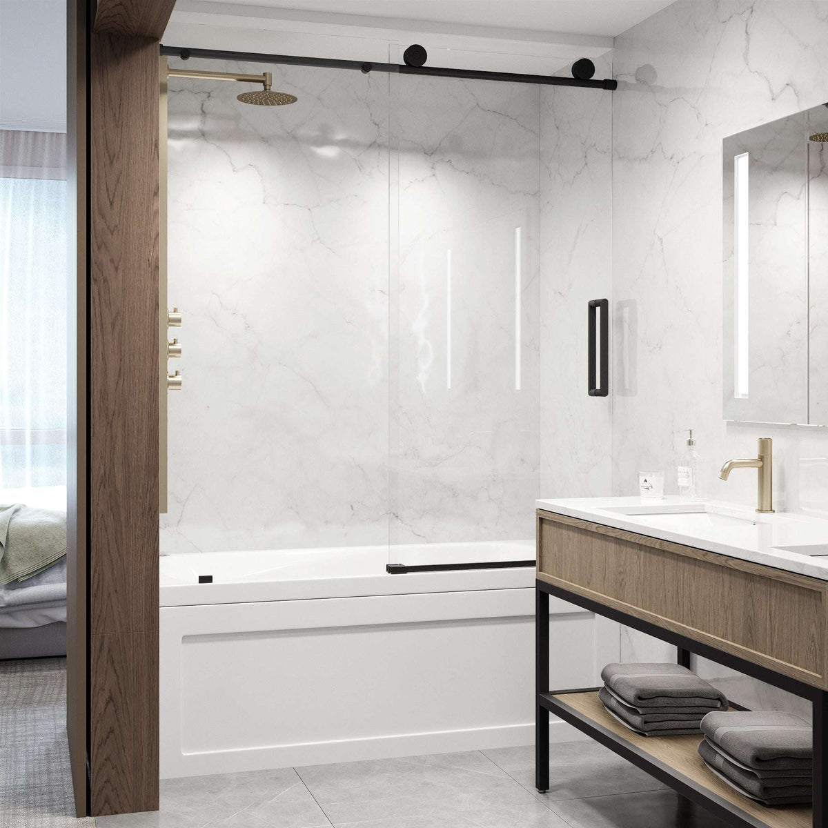 Modern frameless shower door with reversible sliding door and stainless steel hardware