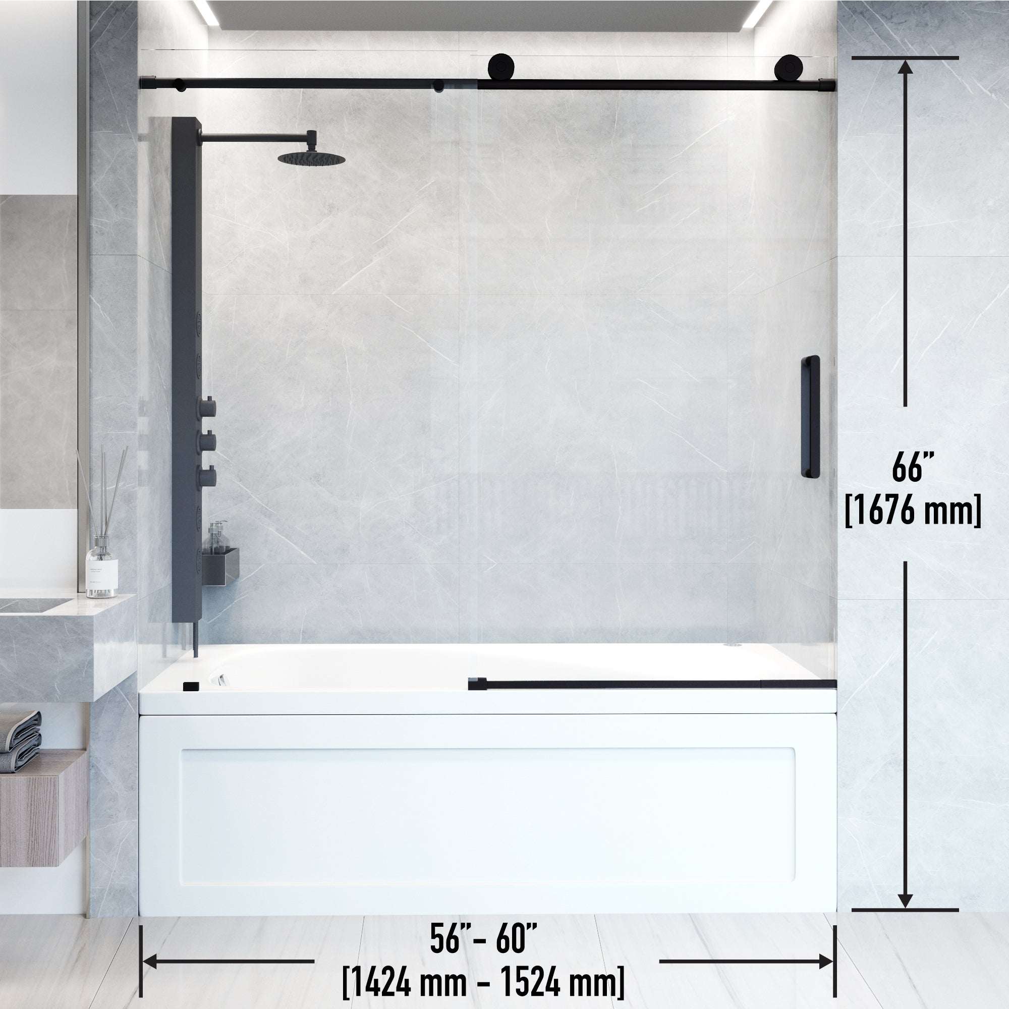 Elan – 56 to 60 in. W X 66 in. H Frameless Sliding Tub Door with 3