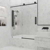Matte black frameless sliding tub door with tempered clear glass and VMotion Technology