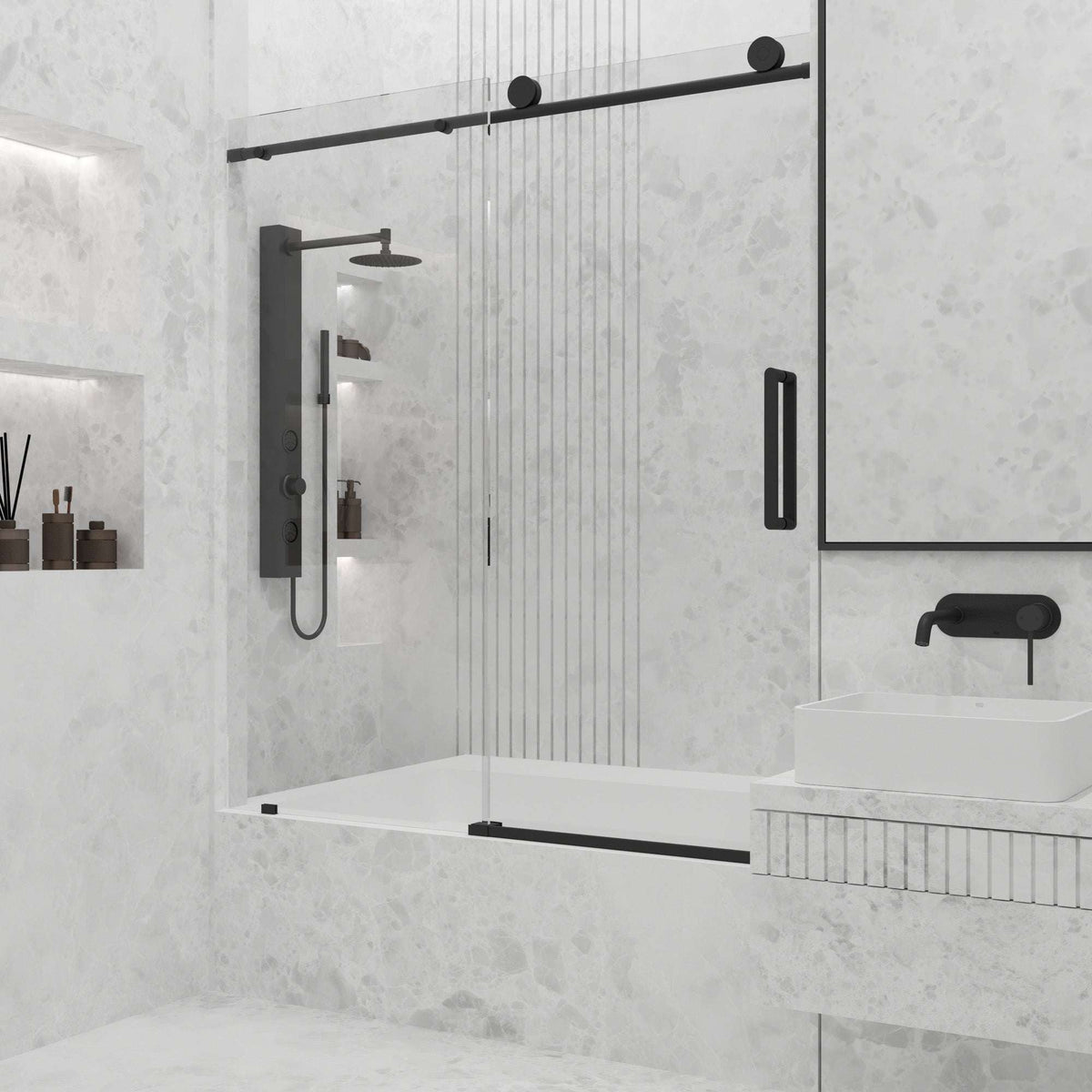 Matte black frameless sliding tub door with tempered clear glass and VMotion Technology