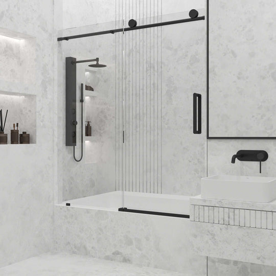 Matte black frameless sliding tub door with tempered clear glass and VMotion Technology