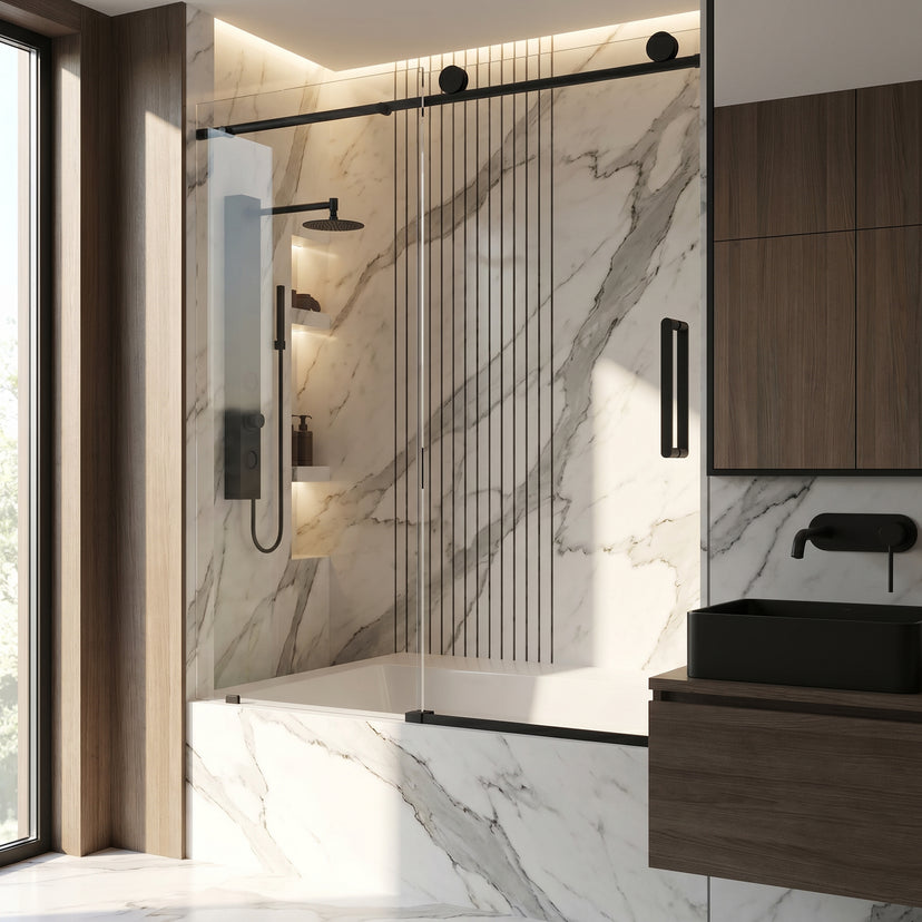Elan Frameless Adjustable Sliding Tub Door with Cass 4-Piece Bath Hardware Set