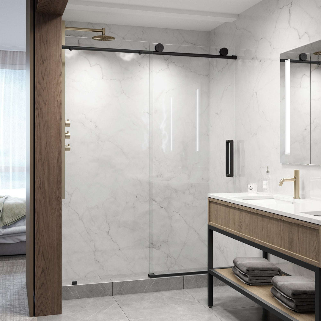 Modern frameless shower door with matte black finish and reversible sliding door installation