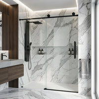 Elan Frameless Sliding Shower Door in Matte Black with Elan 24 in. Linear Shower Drain