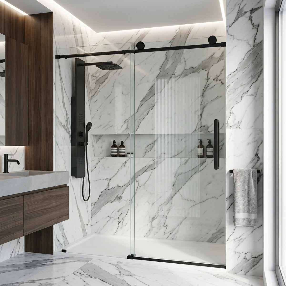 Elan Frameless Sliding Shower Door in Matte Black with Elan 24 in. Linear Shower Drain
