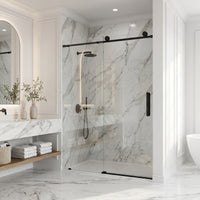 Elan Frameless Sliding Shower Door in Matte Black with Elan 24 in. Linear Shower Drain