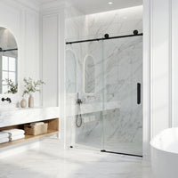 Elan Frameless Sliding Shower Door in Matte Black with Elan 24 in. Linear Shower Drain
