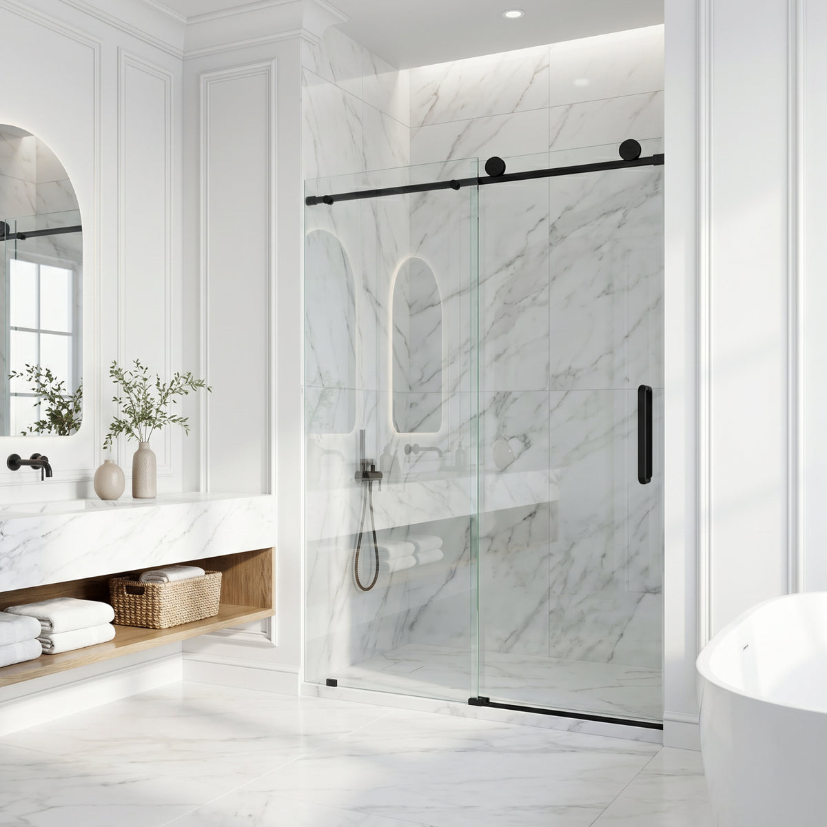Elan Frameless Sliding Shower Door in Matte Black with Elan 24 in. Linear Shower Drain