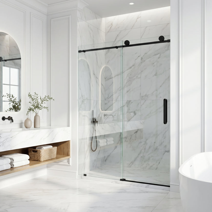 Elan Frameless Sliding Shower Door in Matte Black with Elan 24 in. Linear Shower Drain