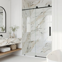 Elan Frameless Sliding Shower Door in Matte Black with Elan 24 in. Linear Shower Drain