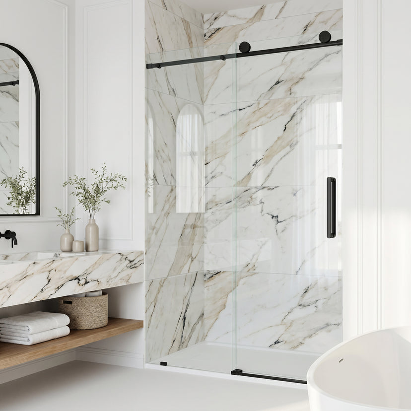 Elan Frameless Sliding Shower Door in Matte Black with Elan 24 in. Linear Shower Drain