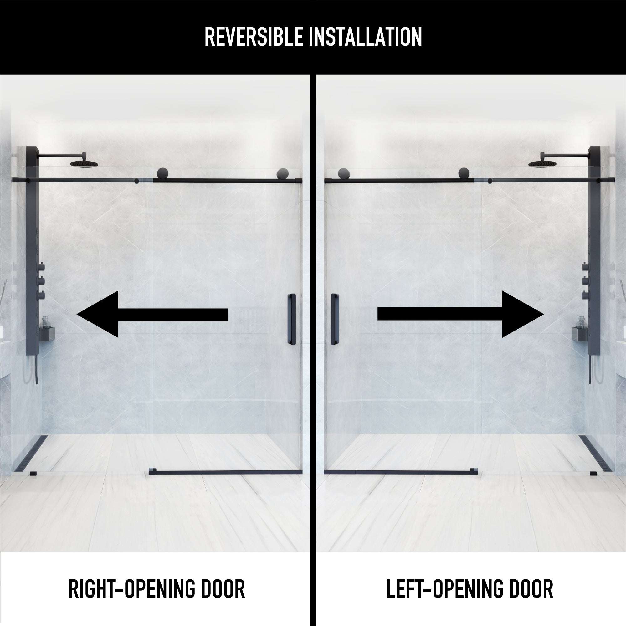 Frameless sliding shower door with matte black bar handle and tempered clear glass