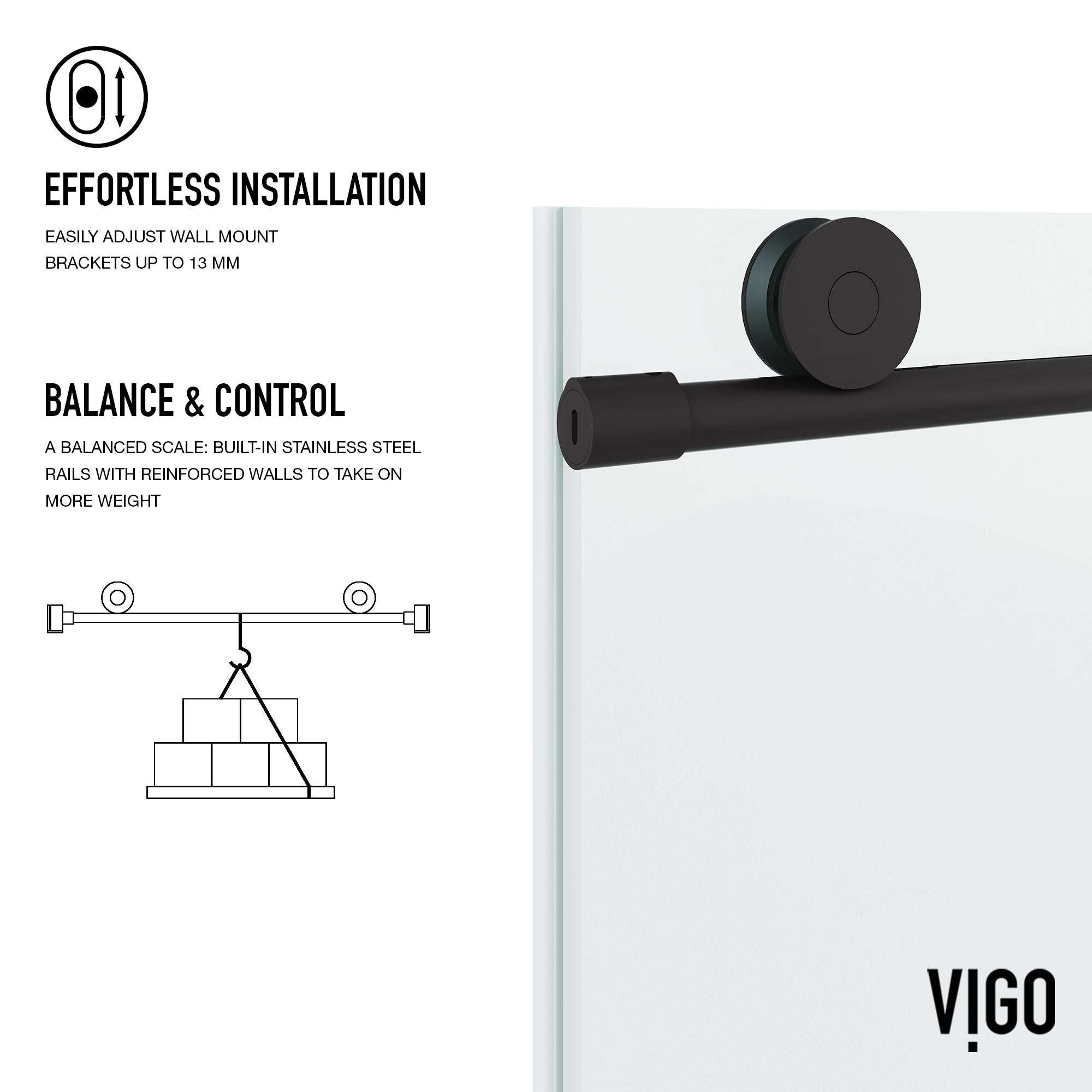 Matte black frameless shower door with sliding door opening and included mounting materials