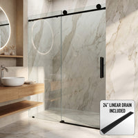 Elan 68 to 72 in. W x 76 in. H Frameless Sliding Shower Door and Elan 24 in. Linear Shower Drain in Matte Black