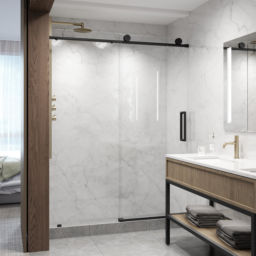 Elan 68 to 72 in. W x 76 in. H Frameless Sliding Shower Door and Elan 24 in. Linear Shower Drain in Matte Black