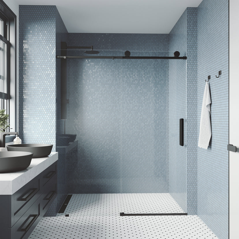 Elan 68 to 72 in. W x 76 in. H Frameless Sliding Shower Door and Elan 24 in. Linear Shower Drain in Matte Black