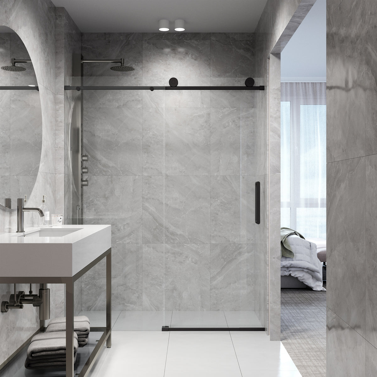 Elan 68 to 72 in. W x 76 in. H Frameless Sliding Shower Door and Elan 24 in. Linear Shower Drain in Matte Black