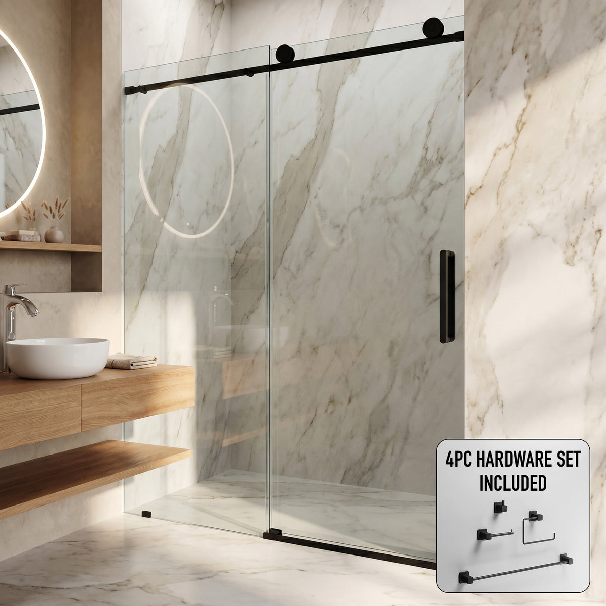 Elan 68 to 72 in. W x 76 in. H Frameless Sliding Shower Door and Meridian 4-Piece Bath Hardware Set in Matte Black