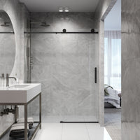 Elan 68 to 72 in. W x 76 in. H Frameless Sliding Shower Door and Meridian 4-Piece Bath Hardware Set in Matte Black