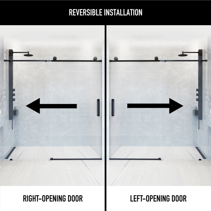 Elan Frameless Sliding Shower Door in Matte Black with Elan 36 in. Linear Shower Drain