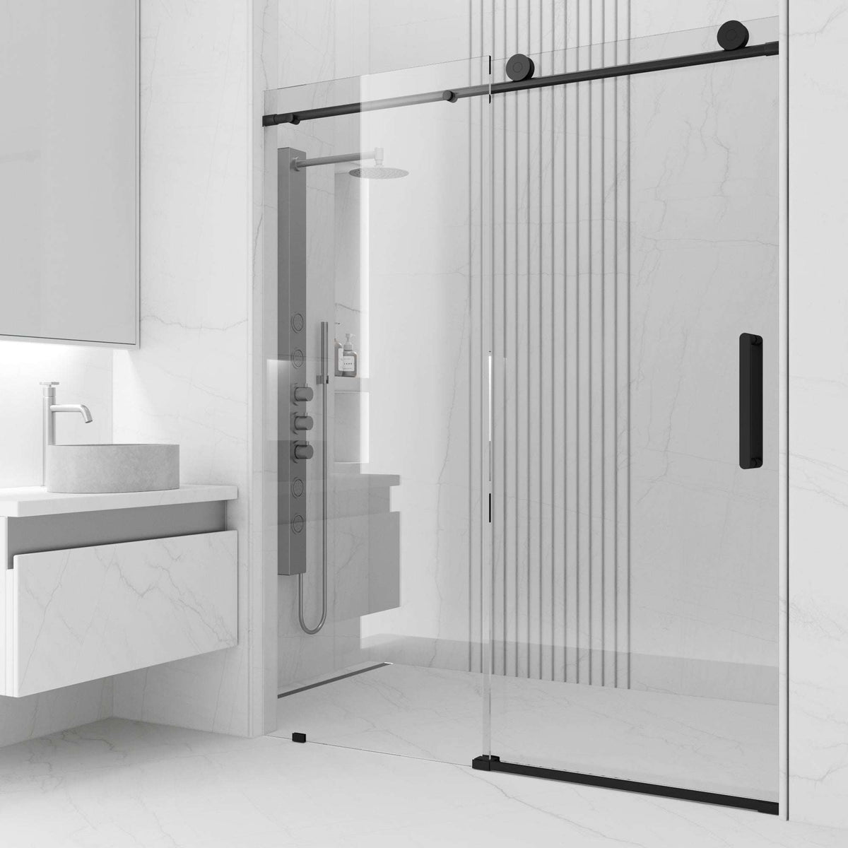 Matte black frameless sliding shower door with tempered clear glass and VMotion technology