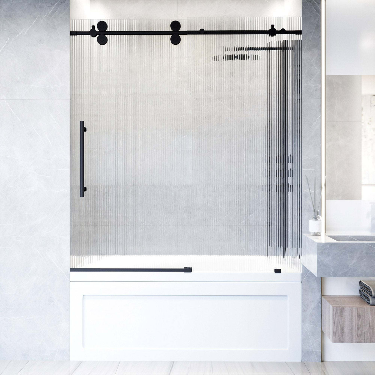 Matte black frameless sliding tub door with fluted tempered glass