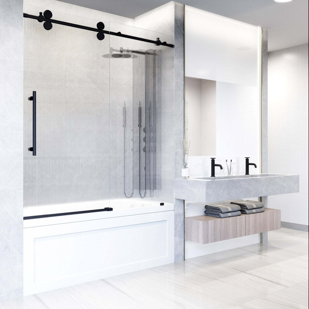 Matte black finish sliding door with exposed rollers and fluted glass
