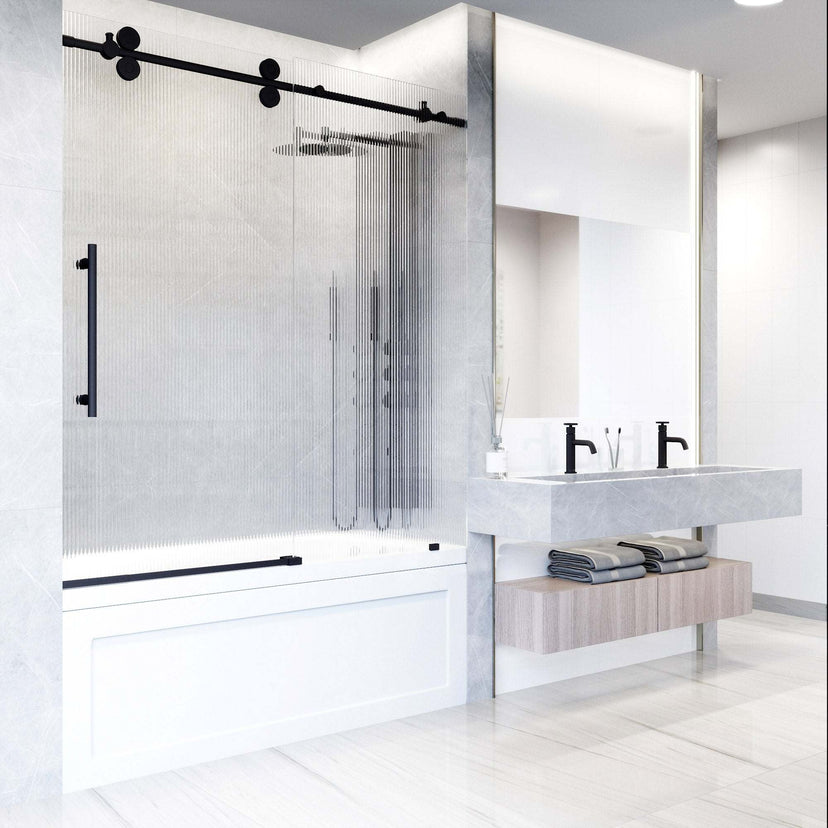 Matte black finish sliding door with exposed rollers and fluted glass