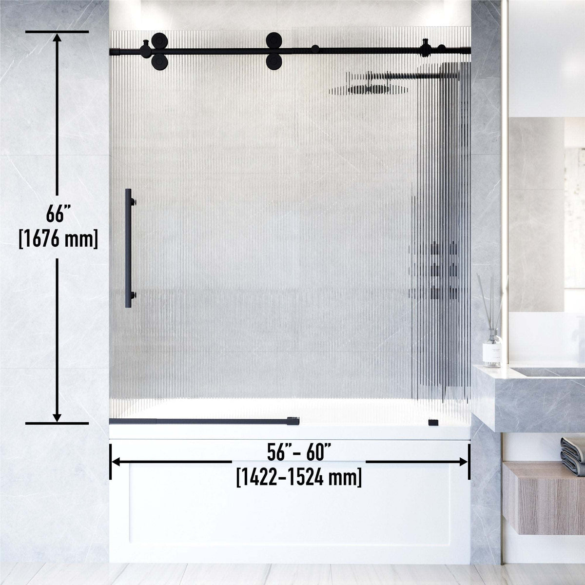 Alcove installation tub door with fluted glass and cool touch exterior