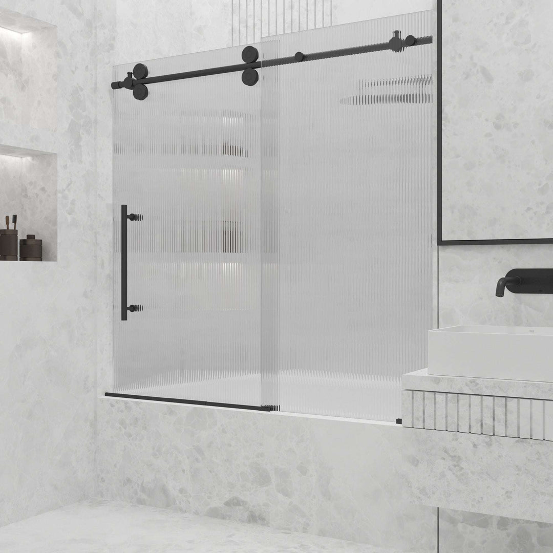 Adjustable width frameless door with fluted glass and left handle position