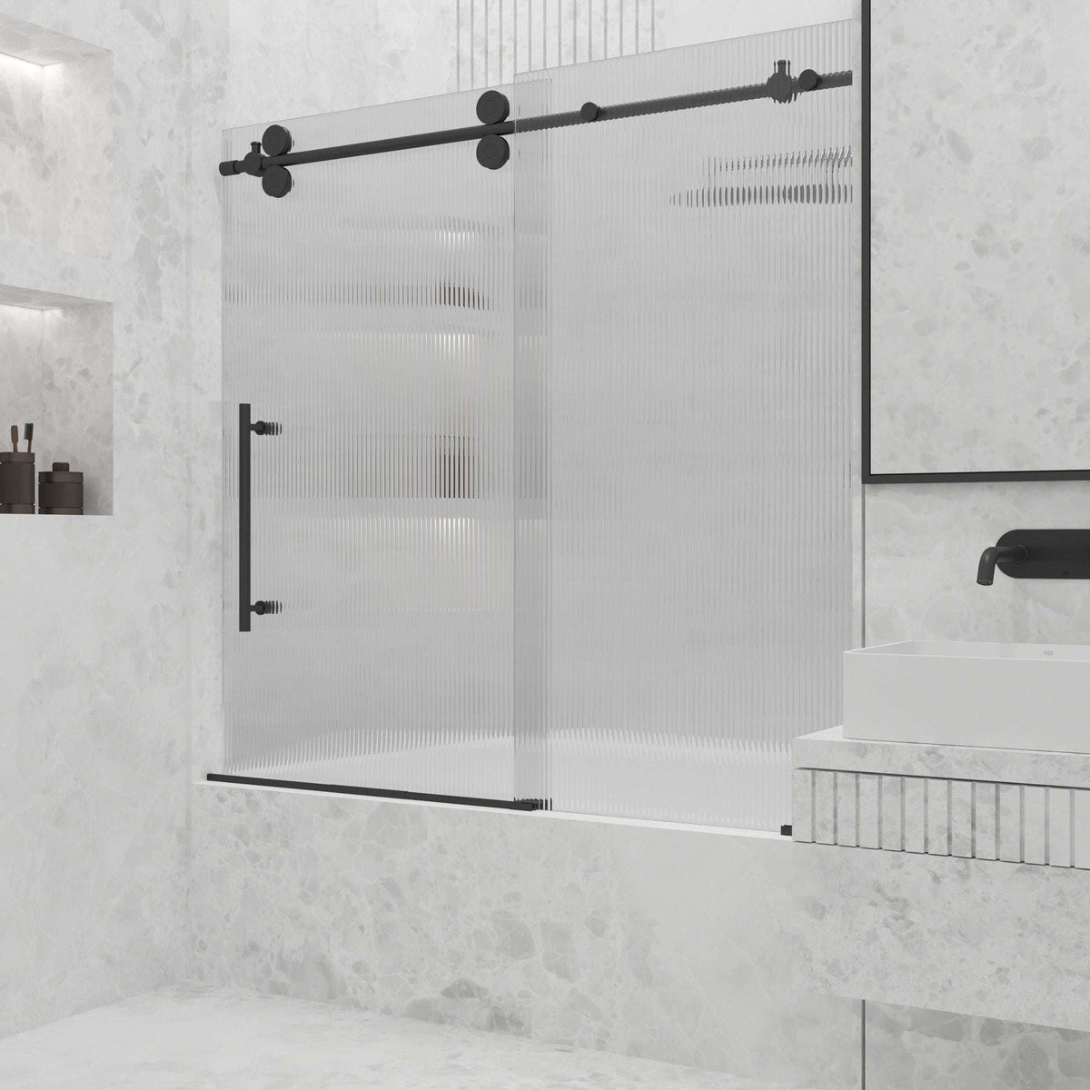 Adjustable width frameless door with fluted glass and left handle position