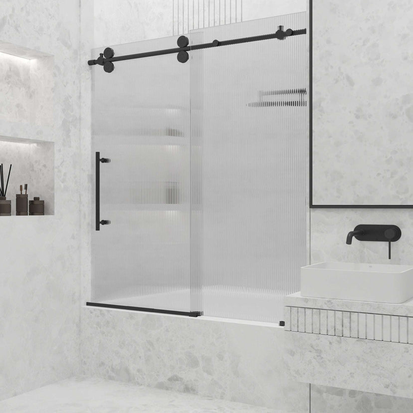 Left installation sliding shower door with fluted glass and cool touch design