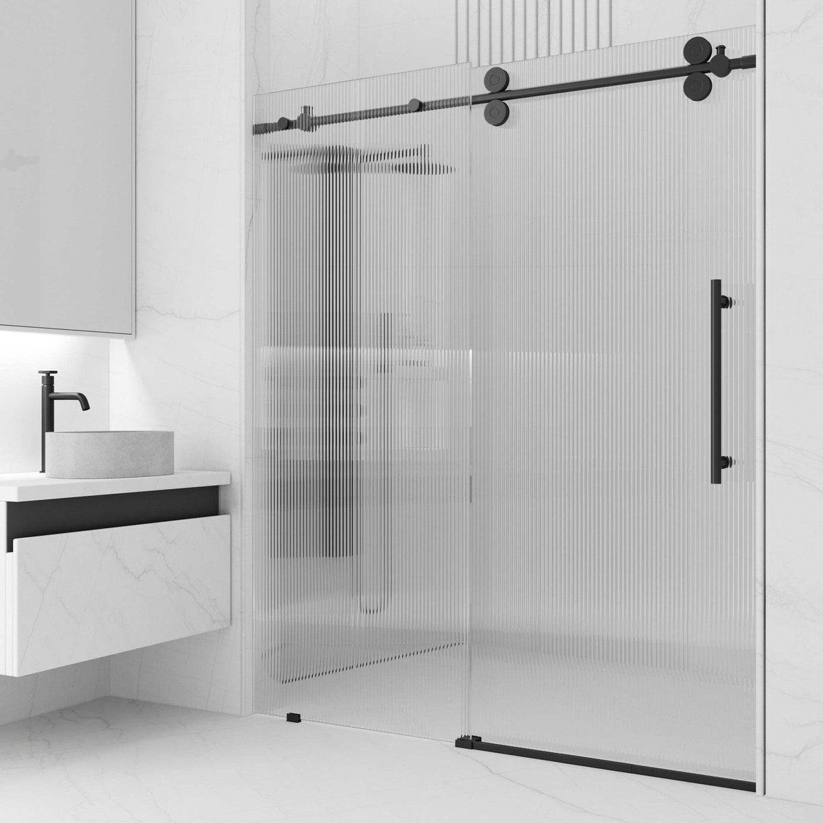 Matte black frameless sliding shower door with fluted glass, 56 to 60 in. width, right installation
