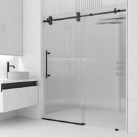 Matte black frameless sliding shower door with fluted glass, 68 to 72 in. width, left installation
