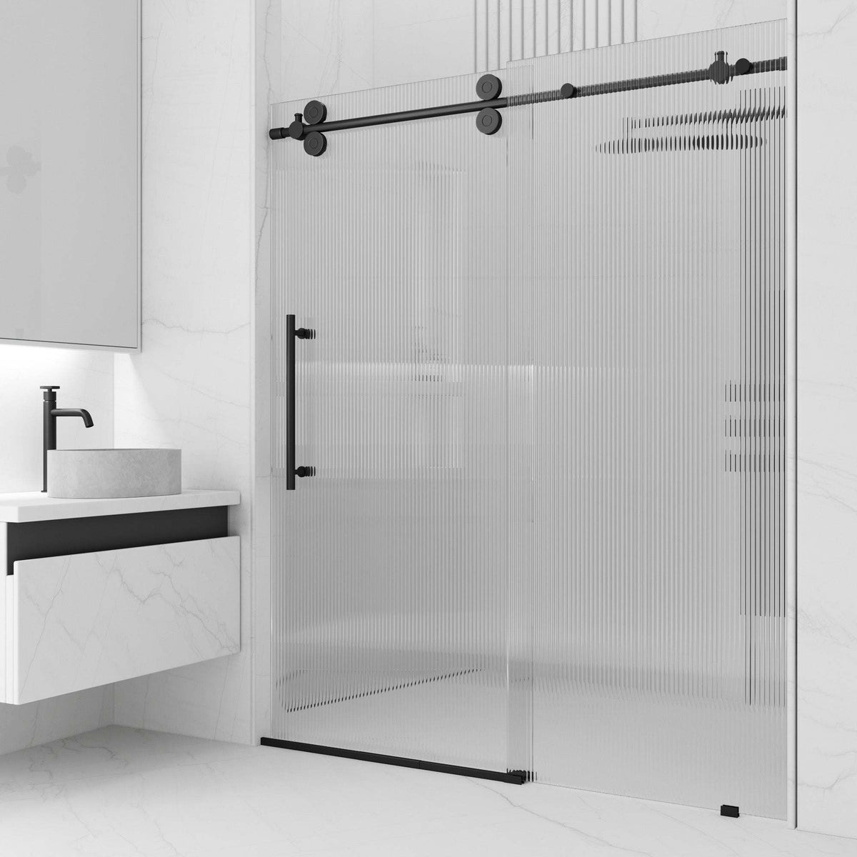 Matte black frameless sliding shower door with fluted glass, 68 to 72 in. width, left installation