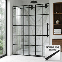 Elan 56 to 60 in. W x 74 in. H Frameless Sliding Shower Door and Elan 24 in. Linear Shower Drain in Matte Black