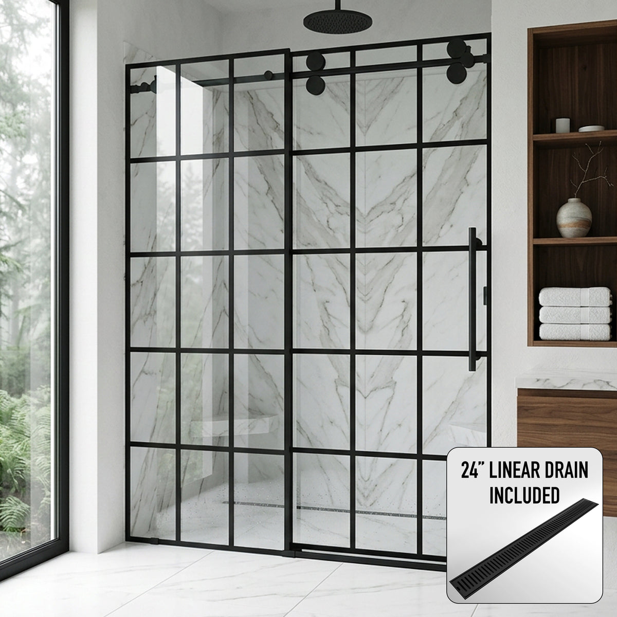 Elan 56 to 60 in. W x 74 in. H Frameless Sliding Shower Door and Elan 24 in. Linear Shower Drain in Matte Black