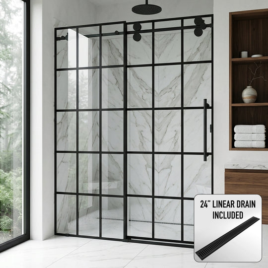 Elan 56 to 60 in. W x 74 in. H Frameless Sliding Shower Door and Elan 24 in. Linear Shower Drain in Matte Black