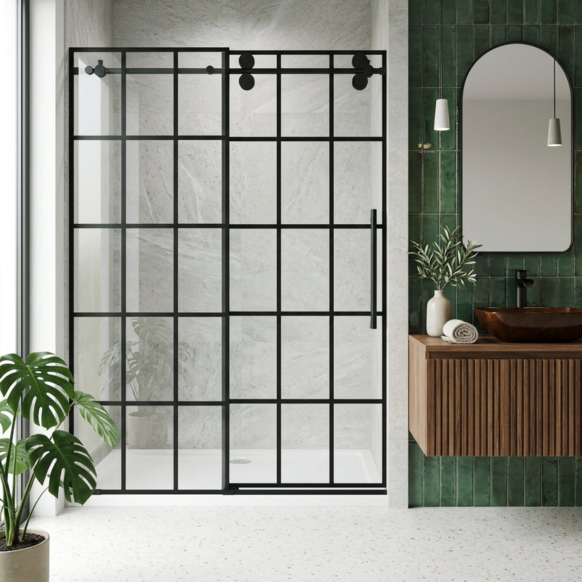 Elan 56 to 60 in. W x 74 in. H Frameless Sliding Shower Door and Elan 24 in. Linear Shower Drain in Matte Black