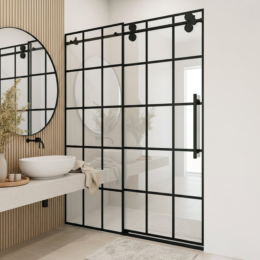 Elan 56 to 60 in. W x 74 in. H Frameless Sliding Shower Door and Elan 24 in. Linear Shower Drain in Matte Black