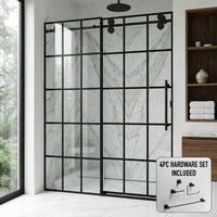 Elan 56 to 60 in. W x 74 in. H Frameless Sliding Shower Door and Meridian 4-Piece Bath Hardware Set in Matte Black