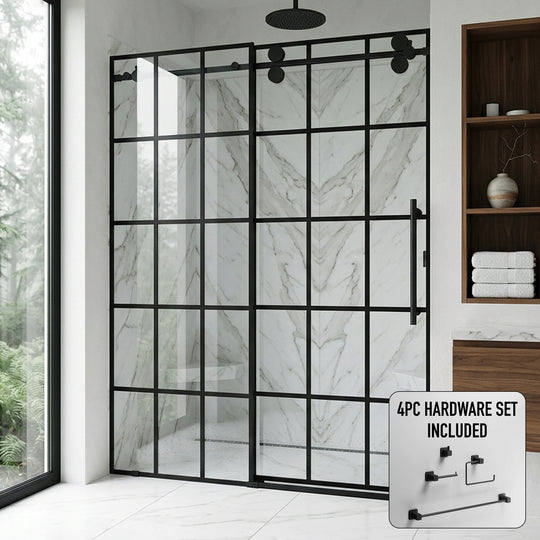 Elan 56 to 60 in. W x 74 in. H Frameless Sliding Shower Door and Meridian 4-Piece Bath Hardware Set in Matte Black