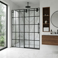 Elan 56 to 60 in. W x 74 in. H Frameless Sliding Shower Door and Meridian 4-Piece Bath Hardware Set in Matte Black