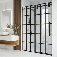 Elan 56 to 60 in. W x 74 in. H Frameless Sliding Shower Door and Meridian 4-Piece Bath Hardware Set in Matte Black
