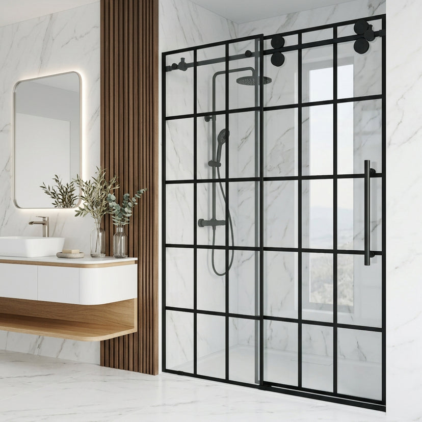Elan 56 to 60 in. W x 74 in. H Frameless Sliding Shower Door and Meridian 4-Piece Bath Hardware Set in Matte Black