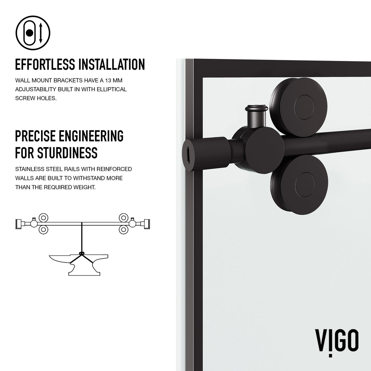 Elan 56 to 60 in. W x 74 in. H Frameless Sliding Shower Door and Meridian 4-Piece Bath Hardware Set in Matte Black