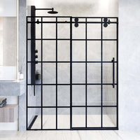 Modern frameless shower door with matte black hardware and clear grid tempered glass