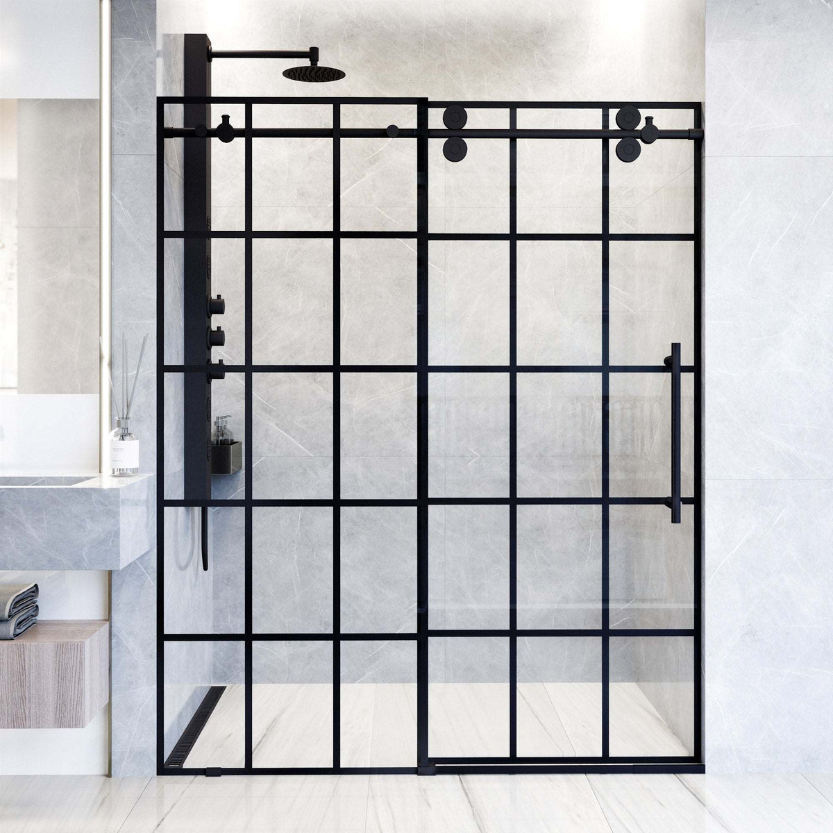 Modern frameless shower door with matte black hardware and clear grid tempered glass