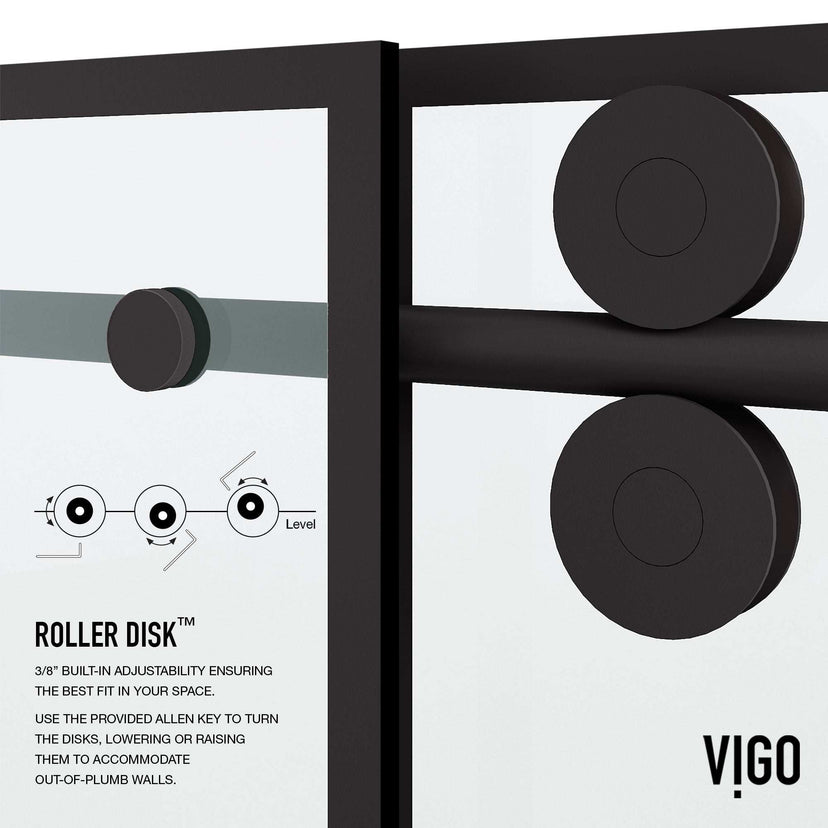 Matte black finish sliding shower door with clear grid glass and roller disk technology