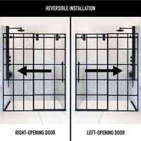 Modern contemporary sliding shower door with clear grid glass and matte black hardware